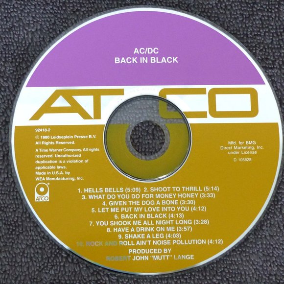 AC/DC Back In Black CD BMG Direct Marketing Club Edition Atco D105828 1980 Rock - Picture 7 of 12